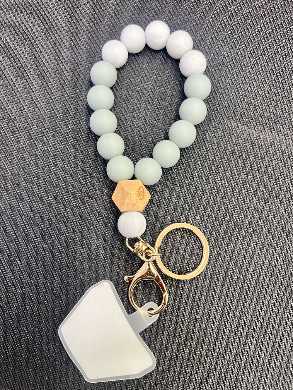 Handmade Beaded Wrist Keychain Bracelet with Gold Hardware - Mint & White